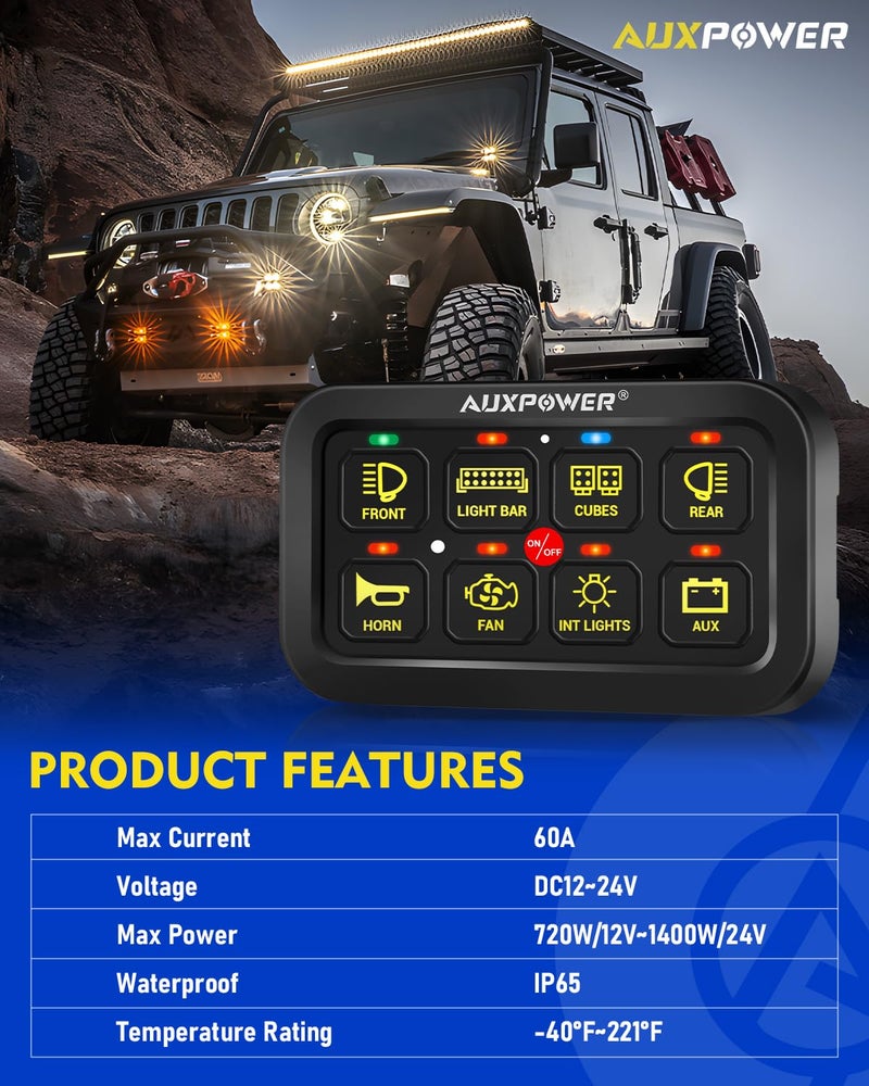 Auxpower RGB 8 Gang Switch Panel with App Control Turn On/Off Momentary Pulsed Multifunction 12V Switch Panel for Truck Circuit Control Relay System Switch Panel Waterproof for Car Boat Truck RV - Image 3