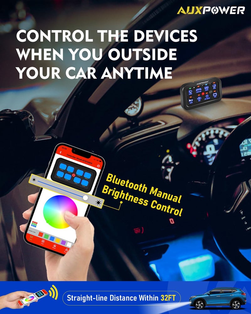 Auxpower RGB 8 Gang Switch Panel with App Control Turn On/Off Momentary Pulsed Multifunction 12V Switch Panel for Truck Circuit Control Relay System Switch Panel Waterproof for Car Boat Truck RV - Image 5