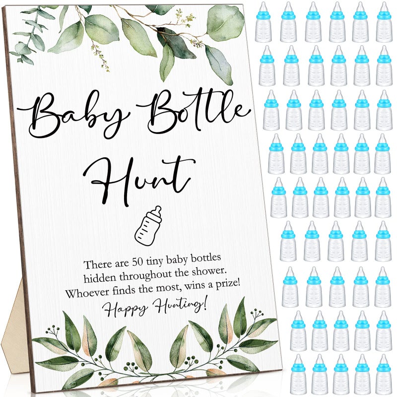 Chunful 51 Pcs Baby Shower Games Include Greenery Bottle Hunt Sign Wooden Gift Sets and 50 Pcs Resin Bottle Shower Favor for Baby Shower Gender RevealBlue