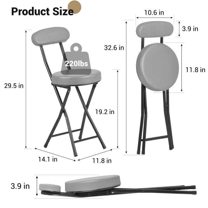 fusehome Cushioned Padded Folding Stools, Folding Bar Stool with Backrest, 220lb Capacity, 19 Inch Collapsible Round Portable Foldable Chair for Outdoor Indoor Kitchen Camping Fishing (Grey, 2 Pack) - Image 3