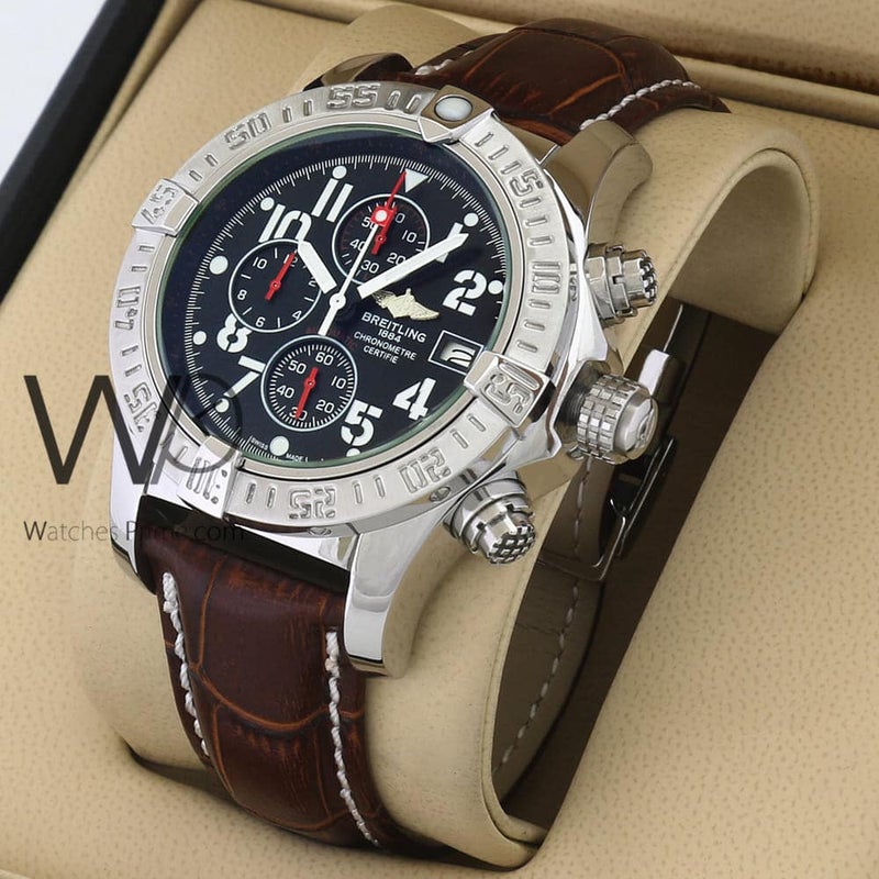 Breitling for Men Chronograph Black Watch with Brown Leather strap - Image 1