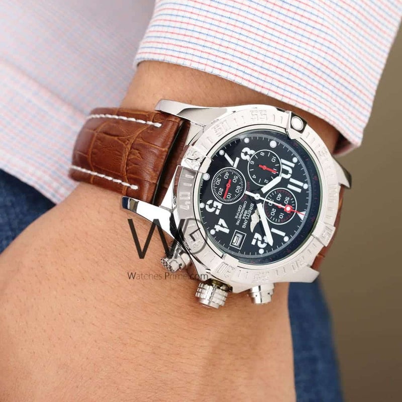 Breitling for Men Chronograph Black Watch with Brown Leather strap - Image 4