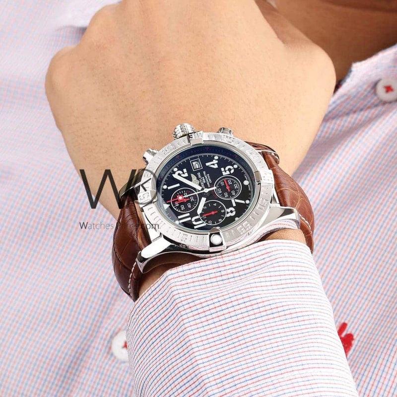 Breitling for Men Chronograph Black Watch with Brown Leather strap - Image 2
