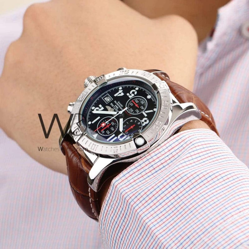 Breitling for Men Chronograph Black Watch with Brown Leather strap - Image 3