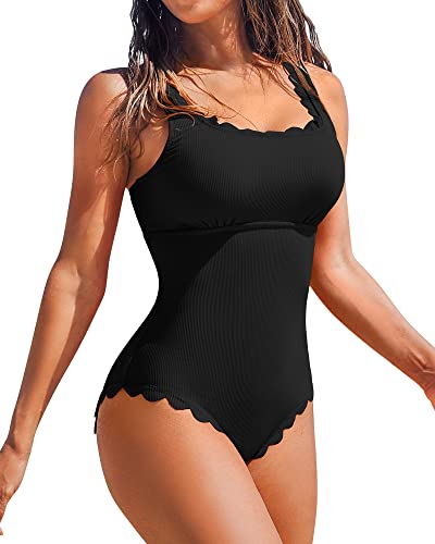 Charmo Womens Scalloped Ribbed One Piece Swimsuits Retro Square Neck Modest Bathing Suits Black XL - Image 1