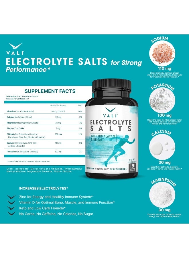 VALI Electrolyte Salts, Replacement Minerals for Hydration Health, Fluid Loss Recovery, Running & Sport Stamina - Sodium, Potassium, Magnesium, Calcium, Vitamin D3, Himalayan Pink Salt, 120 Capsules - Image 2