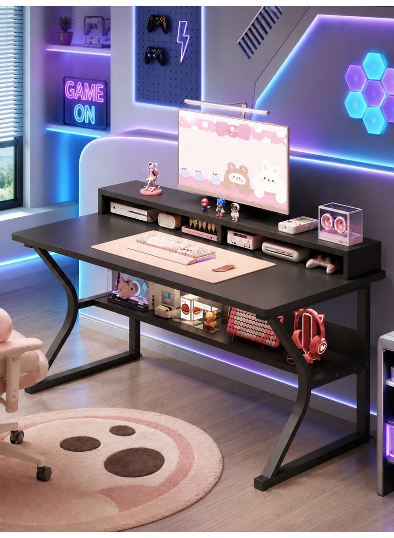 OHAHO Gaming Desk with Shelf, 120CM Computer Desk, C-Shaped Gaming Table, PC Gaming Workstation Home Office Desks, Space-saving, Easy to Assemble (Black, 120x60x75CM) - Image 1