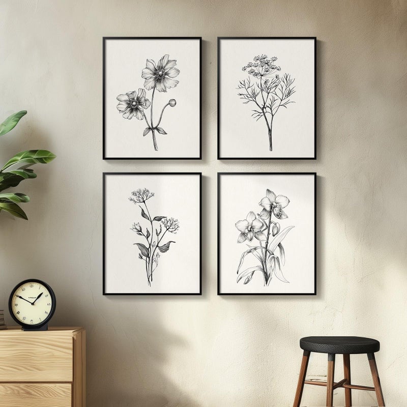 Cuspin Framed Black and White Floral Wall Art for Living Room, 4 Piece Vintage Botanical Canvas Painting Prints Artwork for Walls, Rustic Minimalist Flower Pictures for Bedroom Hallway Kitchen Wall Decor - Image 2