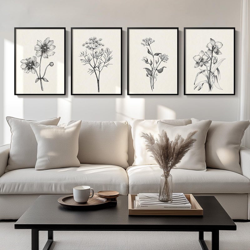 Cuspin Framed Black and White Floral Wall Art for Living Room, 4 Piece Vintage Botanical Canvas Painting Prints Artwork for Walls, Rustic Minimalist Flower Pictures for Bedroom Hallway Kitchen Wall Decor - Image 1