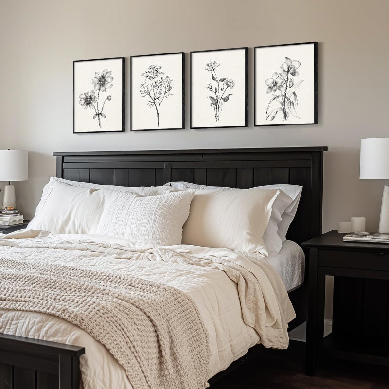 Cuspin Framed Black and White Floral Wall Art for Living Room, 4 Piece Vintage Botanical Canvas Painting Prints Artwork for Walls, Rustic Minimalist Flower Pictures for Bedroom Hallway Kitchen Wall Decor - Image 4