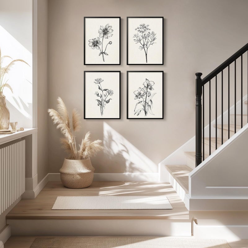 Cuspin Framed Black and White Floral Wall Art for Living Room, 4 Piece Vintage Botanical Canvas Painting Prints Artwork for Walls, Rustic Minimalist Flower Pictures for Bedroom Hallway Kitchen Wall Decor - Image 3
