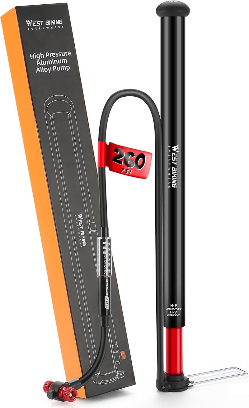West Biking High Pressure Aluminum Alloy Bike Floor Pump - 260 PSI with Pressure Gauge - Image 1