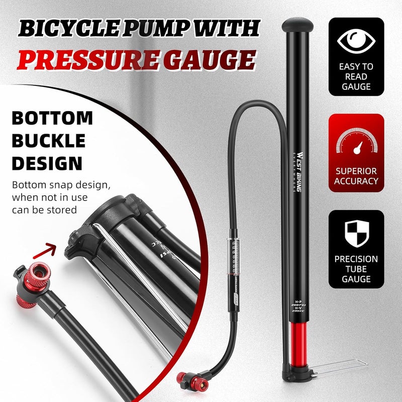 West Biking High Pressure Aluminum Alloy Bike Floor Pump - 260 PSI with Pressure Gauge - Image 3