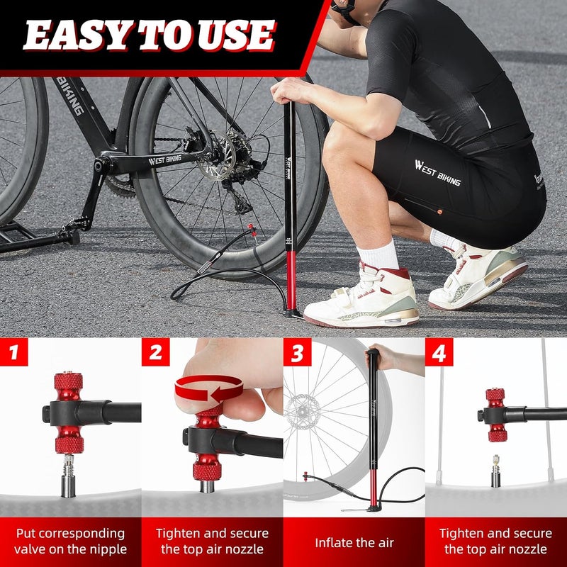 West Biking High Pressure Aluminum Alloy Bike Floor Pump - 260 PSI with Pressure Gauge - Image 5