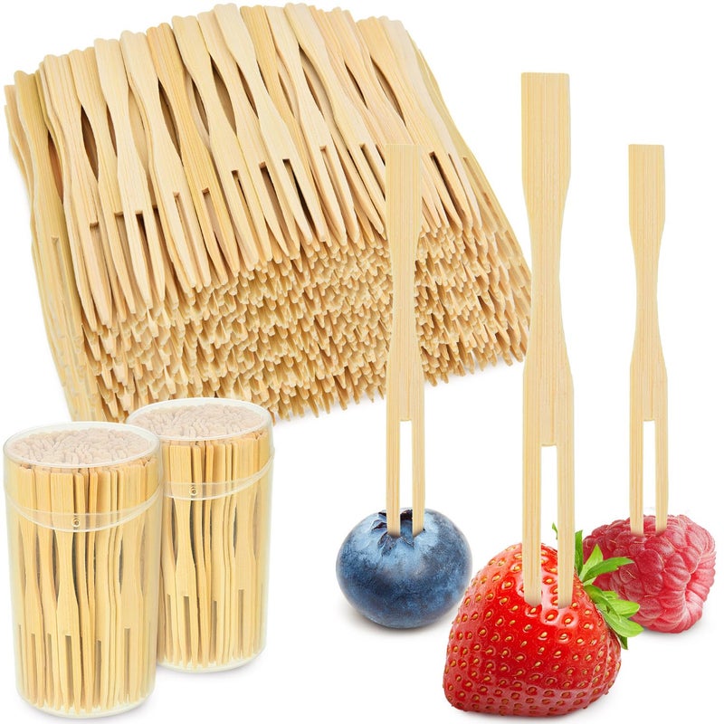 Jovitec 220 Pcs Mini Bamboo Forks 35 Inch Appetizer Cocktail Forks Bulk disposable Wood Toothpicks Double Prong Charcuterie Picks for Birthday Party Wedding Food Fruit Supply