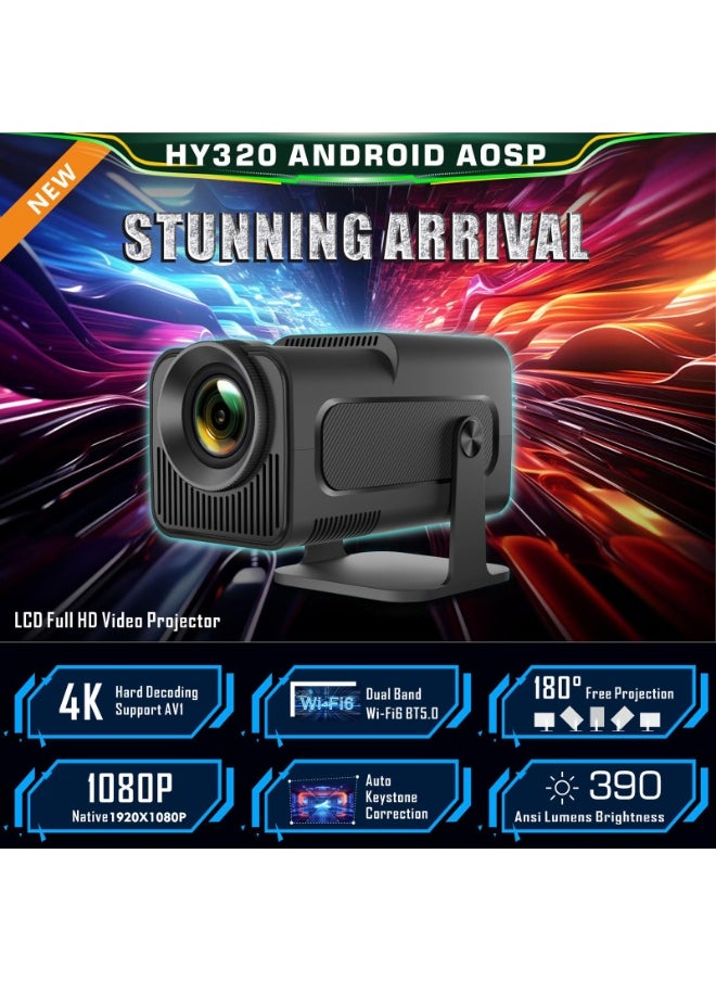 HY320 Mini Portable Auto Keystone Projector, 4K FHD 1080P Smart Projector Support 10000 Lumens with WiFi 6, BT 5.0, 180 Degree Rotation, Built-in Android 11.0 EU PLUG