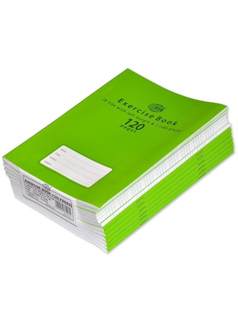 FIS Exercise Book, Size 165x210mm, 60 Sheets, 120 Pages, 4 Line with Left Margin & 1 Side Plain, Packet of 12 Pieces, Neon Green Cover-FSEB4LP120N - Image 1