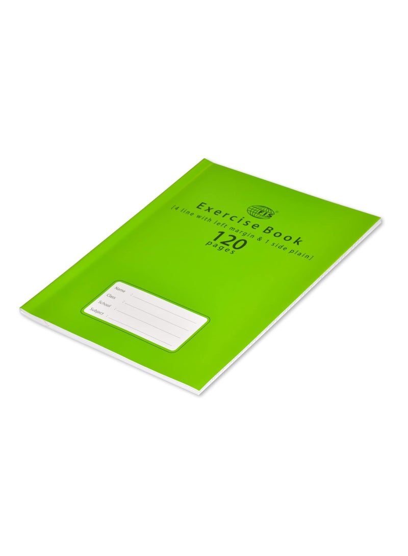 FIS Exercise Book, Size 165x210mm, 60 Sheets, 120 Pages, 4 Line with Left Margin & 1 Side Plain, Packet of 12 Pieces, Neon Green Cover-FSEB4LP120N - Image 4
