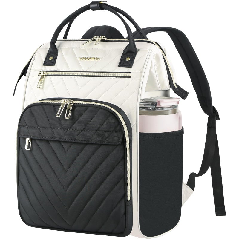 VANKEAN 17 Inch Laptop Backpack for Women Men Fashion Computer Work Bag, Large Capacity Waterproof Backpack with USB Port & RFID Pockets, College Daypack Business Travel, Beige-Black - Image 1