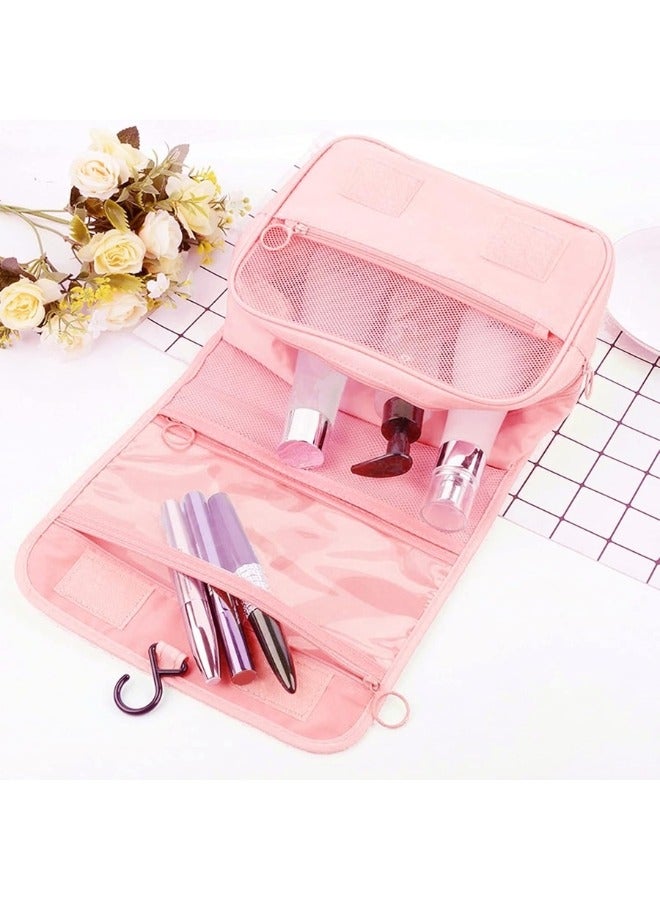 Travel Toiletry Bag Organizer Handy Cosmetic Bag Large Capacity Makeup Bag Portable Foldable Makeup Bag with Hook Organizer Cosmetic Bag for Men and Women- Pink - Image 3