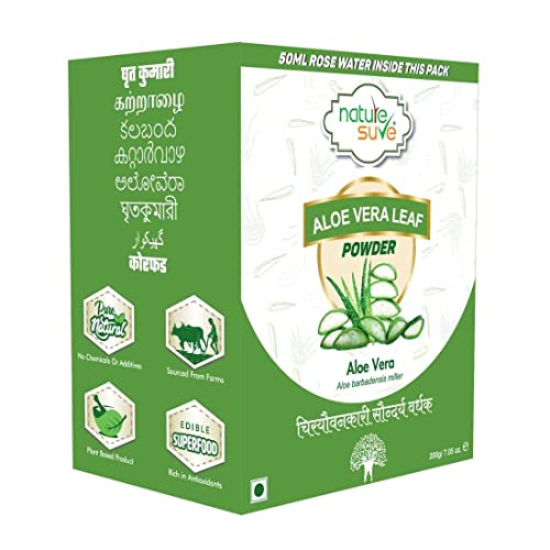 Nature Sure Aloe Vera Leaf Powder 200g with Rose Water 50ml, Aloe Vera Powder for Drinking & Eating, Hair & Skin Care for Men and Women - Image 1