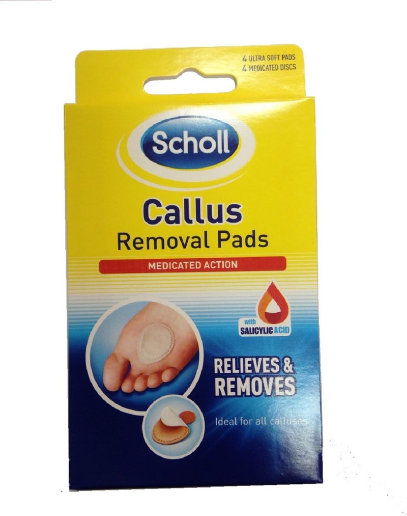 Scholl Callus Remover Pads for Feet - Targeted Action with 4 Salicylic Acid Discs and 4 Adhesive Cushion Pads for Fast & Effective Callus Removal, Soft Pads for Immediate Protection from Rubbing