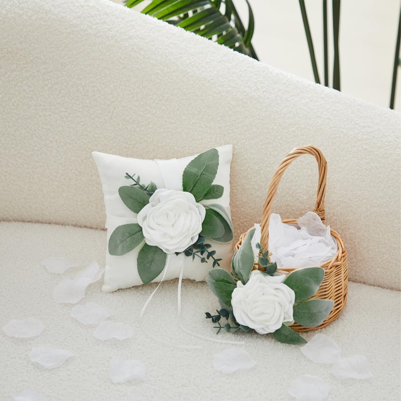 Otuuz Rustic Flower Girl Basket and Ring Bearer Pillow Set with 600 Pcs Rose Petals Flower Girl Basket Boho Rustic Flower Basket Wedding Flowers Boho Flower Girl Gift - Image 3