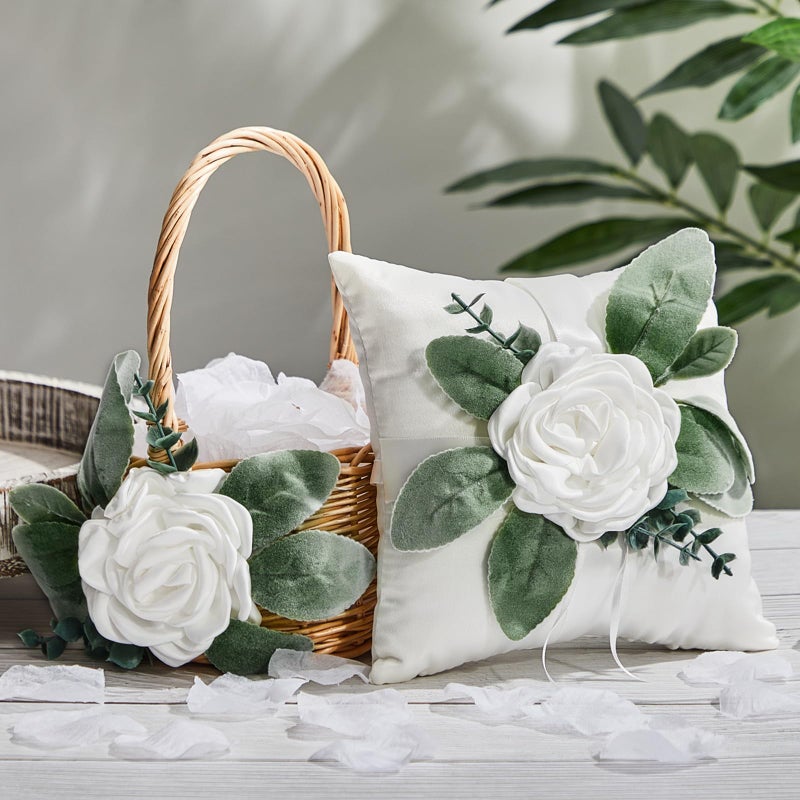 Otuuz Rustic Flower Girl Basket and Ring Bearer Pillow Set with 600 Pcs Rose Petals Flower Girl Basket Boho Rustic Flower Basket Wedding Flowers Boho Flower Girl Gift - Image 1
