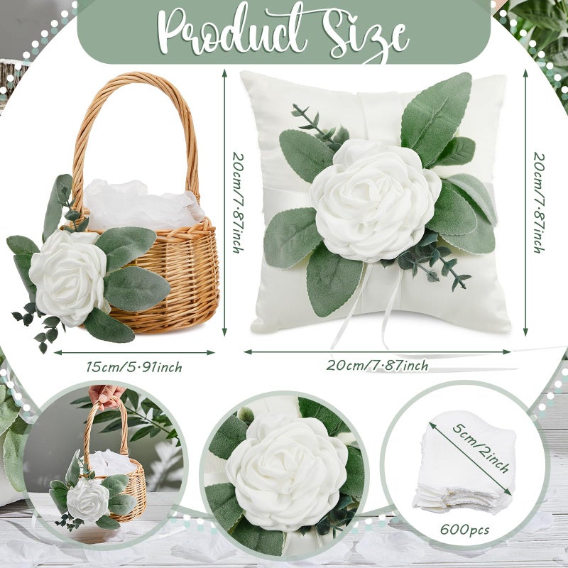 Otuuz Rustic Flower Girl Basket and Ring Bearer Pillow Set with 600 Pcs Rose Petals Flower Girl Basket Boho Rustic Flower Basket Wedding Flowers Boho Flower Girl Gift - Image 2
