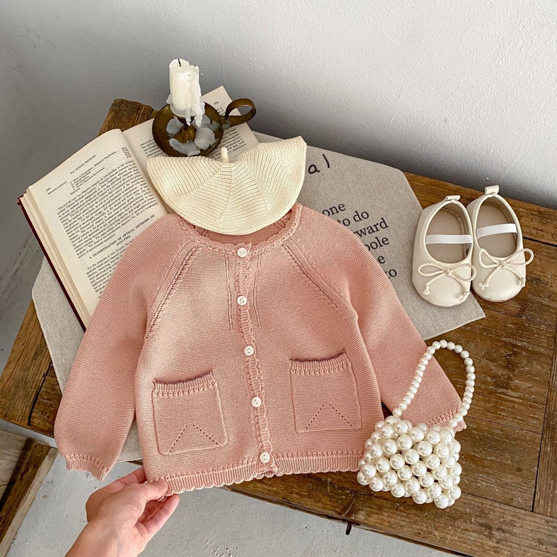 2025 Autumn Infants And Toddlers 0-3 Years Old Baby Girl Sweet Baita Cardigan Raglan Sleeve Double Patch Pocket Knitted Jacket - Image 2
