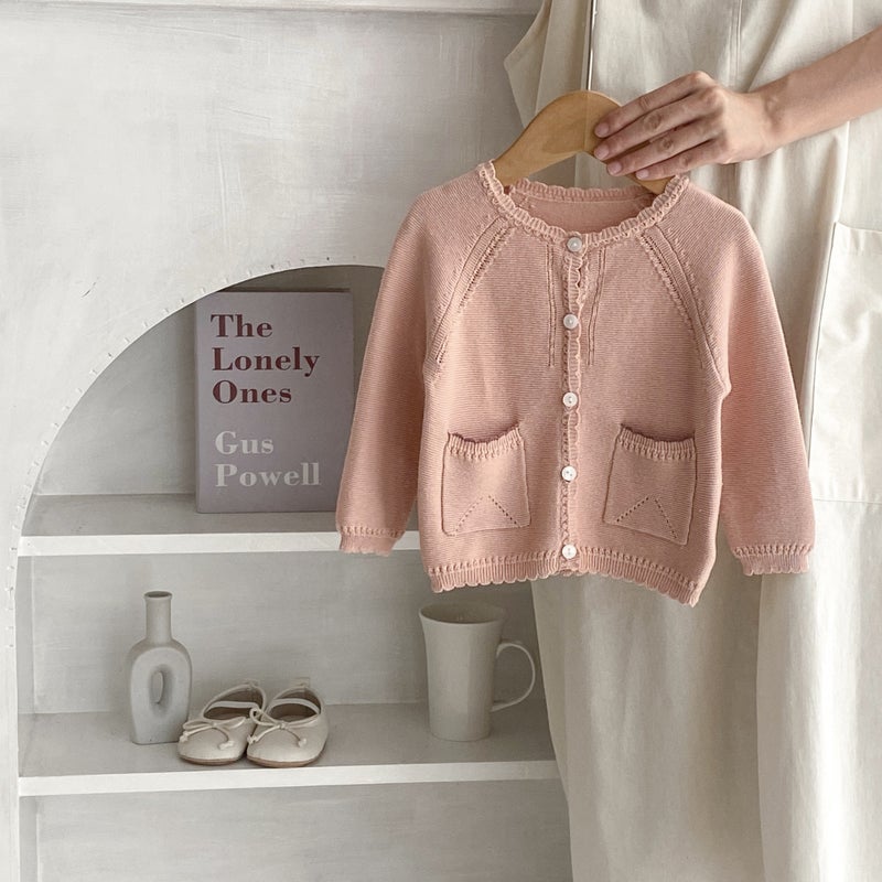 2025 Autumn Infants And Toddlers 0-3 Years Old Baby Girl Sweet Baita Cardigan Raglan Sleeve Double Patch Pocket Knitted Jacket - Image 3