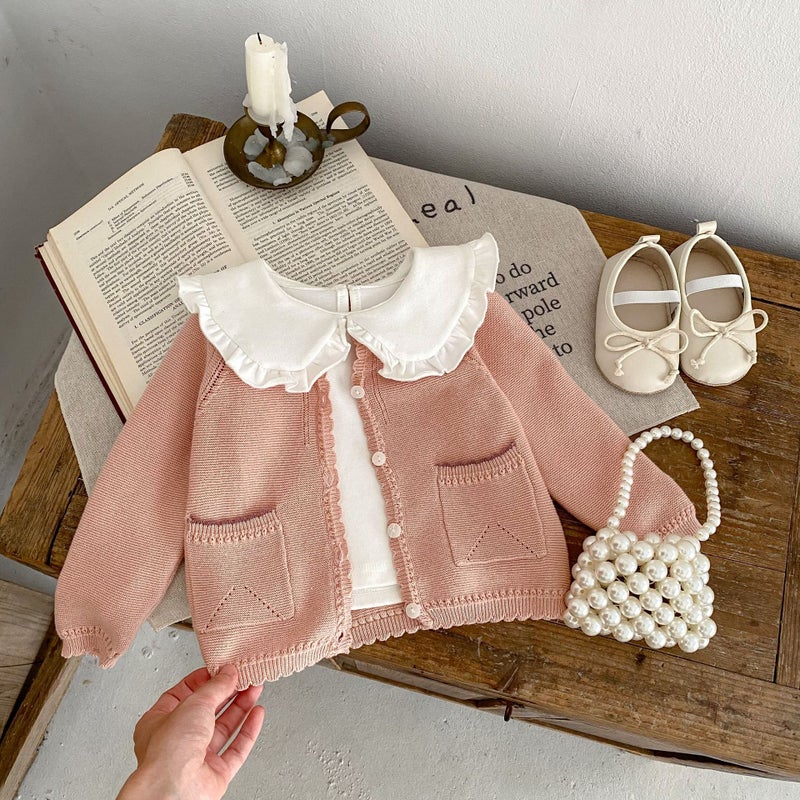 2025 Autumn Infants And Toddlers 0-3 Years Old Baby Girl Sweet Baita Cardigan Raglan Sleeve Double Patch Pocket Knitted Jacket - Image 4