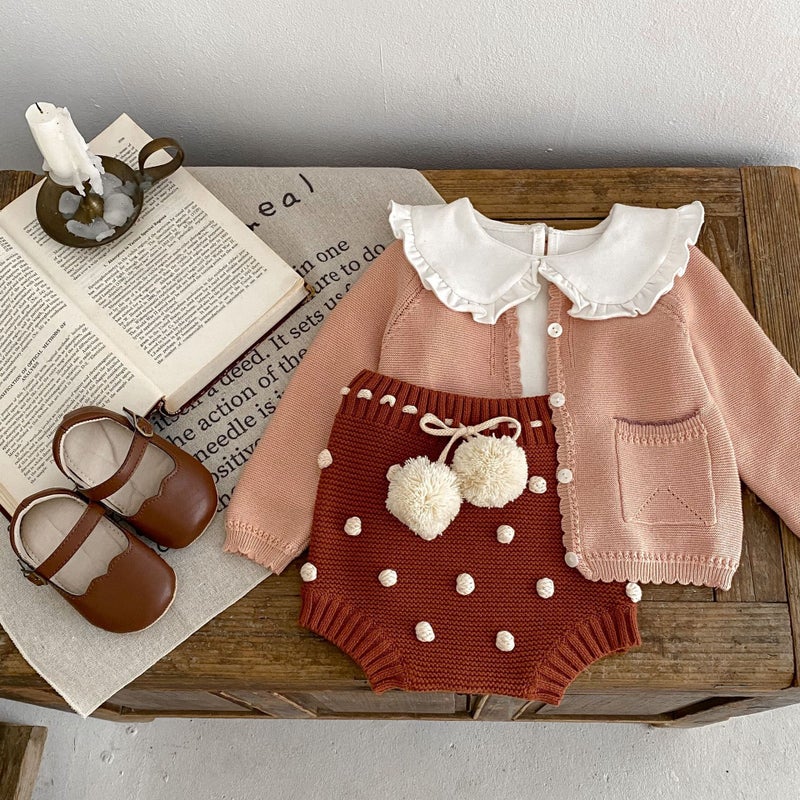 2025 Autumn Infants And Toddlers 0-3 Years Old Baby Girl Sweet Baita Cardigan Raglan Sleeve Double Patch Pocket Knitted Jacket - Image 5