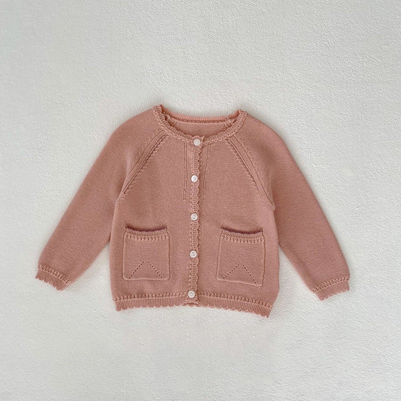 2025 Autumn Infants And Toddlers 0-3 Years Old Baby Girl Sweet Baita Cardigan Raglan Sleeve Double Patch Pocket Knitted Jacket - Image 1