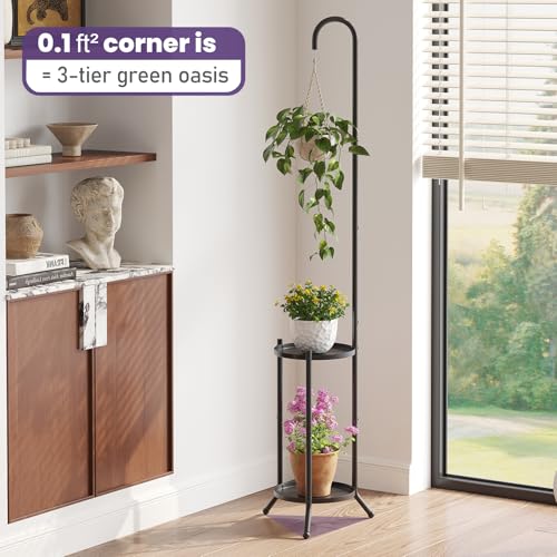 Wieghda 2-Tier Metal Plant Stand with Hanging Hook, Indoor Outdoor Plant Shelf,Heavy Duty Plant holder Rustproof Iron Multiple Plant Round Supports Rack for Planter Corner Garden Balcony Patio (Black) - Image 4