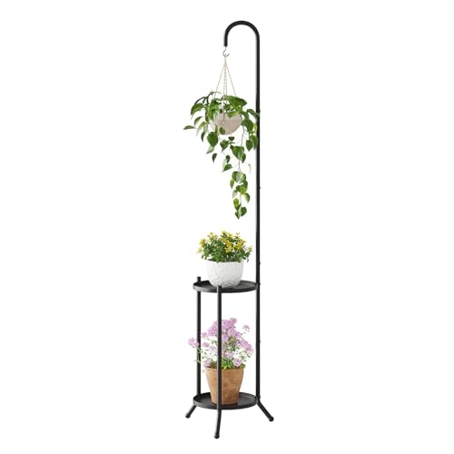 Wieghda 2-Tier Metal Plant Stand with Hanging Hook, Indoor Outdoor Plant Shelf,Heavy Duty Plant holder Rustproof Iron Multiple Plant Round Supports Rack for Planter Corner Garden Balcony Patio (Black) - Image 1