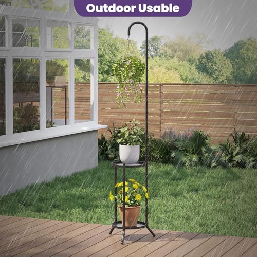 Wieghda 2-Tier Metal Plant Stand with Hanging Hook, Indoor Outdoor Plant Shelf,Heavy Duty Plant holder Rustproof Iron Multiple Plant Round Supports Rack for Planter Corner Garden Balcony Patio (Black) - Image 3