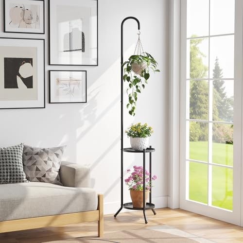Wieghda 2-Tier Metal Plant Stand with Hanging Hook, Indoor Outdoor Plant Shelf,Heavy Duty Plant holder Rustproof Iron Multiple Plant Round Supports Rack for Planter Corner Garden Balcony Patio (Black) - Image 2