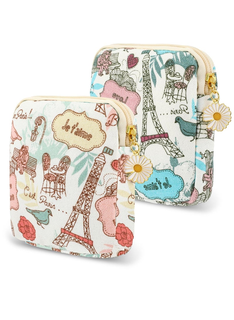 Excefore 2 Pack Portable Sanitary Napkin Storage Bag, Pouch Tampon Pantyliners Menstrual Purse Daisy Zipper, Suitable for Feminine Products Gifts (Tower) - Image 1