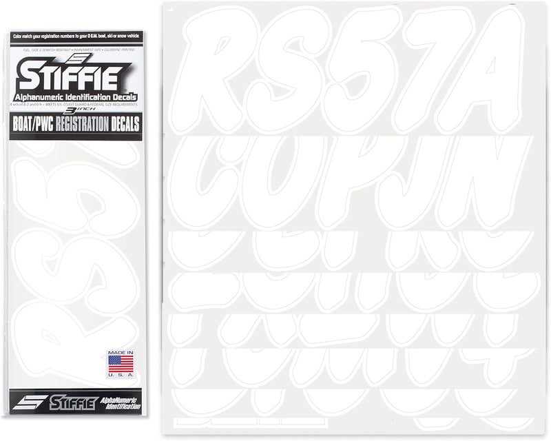 Stiffie ملصقات STIFFIE Whip-One باللون الأبيض والأرقام الأبجدية والرقمية بحجم 3 بوصة للقوارب والمركبات المائية الشخصية - Image 1
