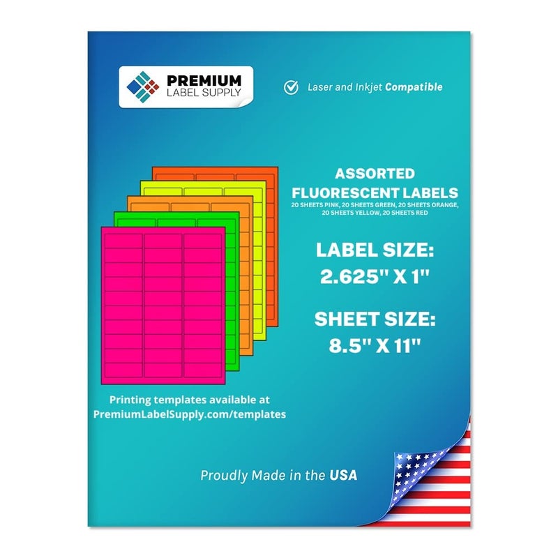 Premium Label Supply Bright Neon Color Fluorescent Stickers 2625 x 1 Address Labels Assorted Fluorescent 3000 Labels