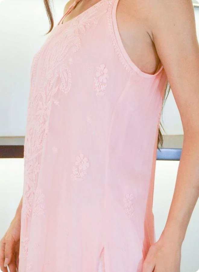#Be Light Peach Sleeveless Embroidered Kurti
