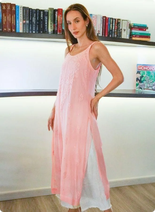 #Be Light Peach Sleeveless Embroidered Kurti