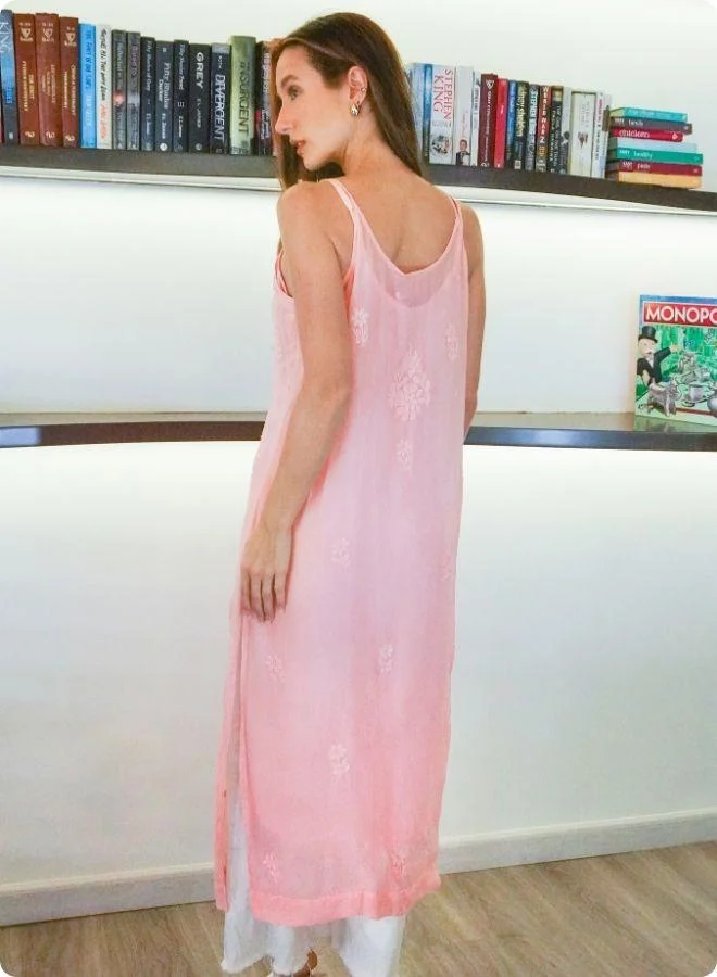 #Be Light Peach Sleeveless Embroidered Kurti
