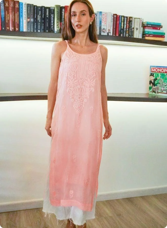 #Be Light Peach Sleeveless Embroidered Kurti