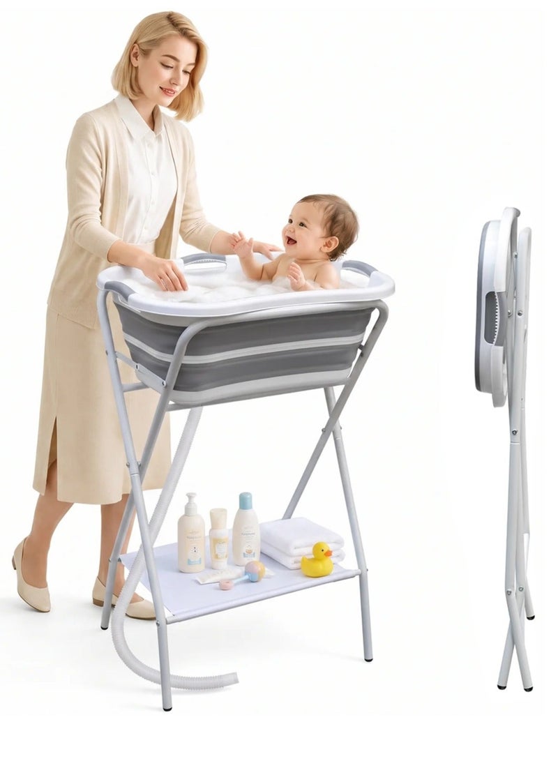 WALALLA Foldable Baby Bathtub with Fixed Elevated Stand, Collapsible Infant Bathing Tub Washing Station with Drain Hose and Storage Shelf, Portable Baby Shower Tub for Newborns, Toddlers, Indoor and Outdoor Use - Image 2