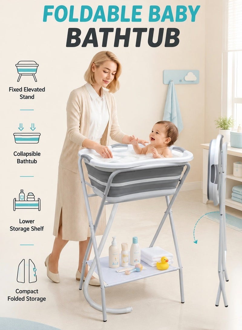 WALALLA Foldable Baby Bathtub with Fixed Elevated Stand, Collapsible Infant Bathing Tub Washing Station with Drain Hose and Storage Shelf, Portable Baby Shower Tub for Newborns, Toddlers, Indoor and Outdoor Use - Image 1