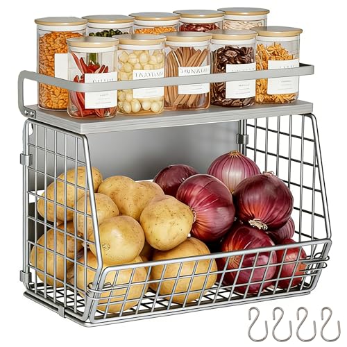 Clothink Wire Fruit Basket 2 IN 1 Magnetic Hanging Wall Produce Basket with Spice Rack for Potato Onion Vegetable Storage for PantryKitchen Countertop and Fridge Organizer - Image 1