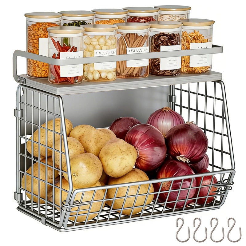 Clothink Wire Fruit Basket 2 IN 1 Magnetic Hanging Wall Produce Basket with Spice Rack for Potato Onion Vegetable Storage for PantryKitchen Countertop and Fridge Organizer - Image 2
