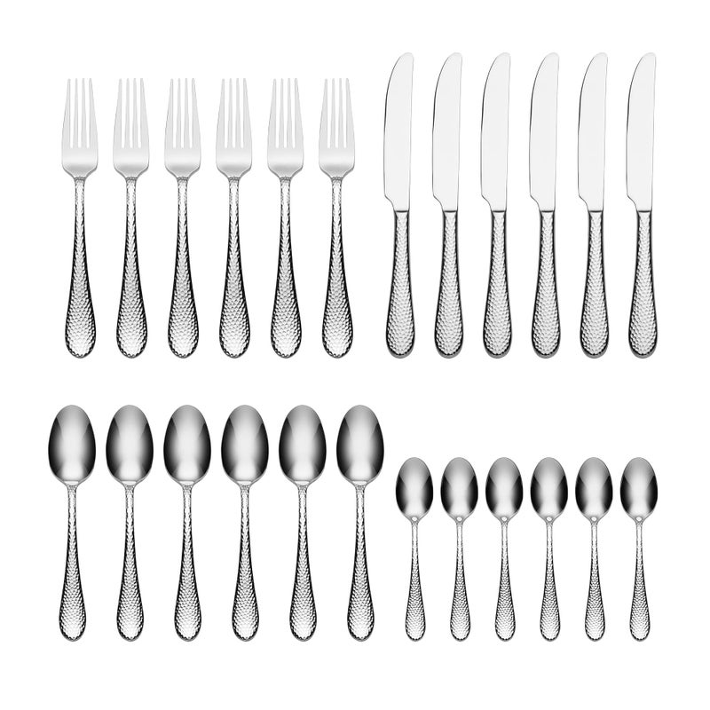 Oneida Tibet 24 Piece Cutlery Set  Stainless Steel Cutlery Set for 6 with Hammered Finish Heavy Weight Rust Resistant  Dishwasher Safe Artisan Flatware Silver